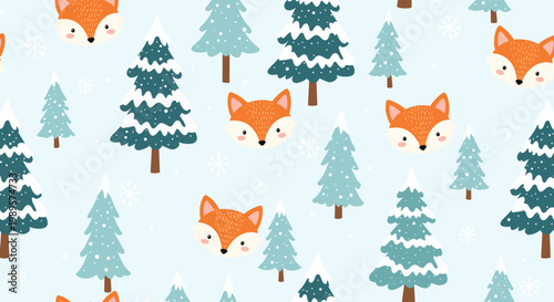 Charming foxes and snow-covered evergreen trees create a festive winter forest seamless pattern on a light blue background.