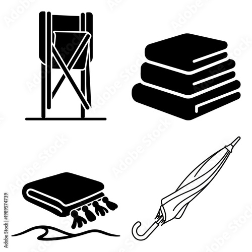 Beach chair towel and umbrella summer icon set