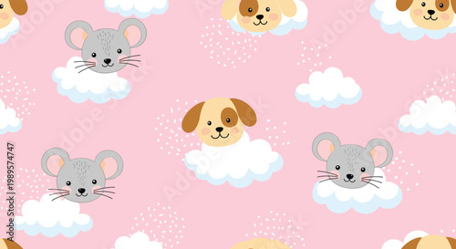 Sweet mouse and dog heads float among soft clouds and stardust in this magical seamless pattern for nursery room decor.