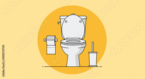 Modern bathroom icon features a white toilet bowl, toilet paper roll, and cleaning brush inside a bright yellow circle.