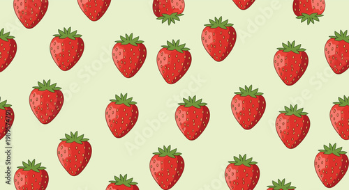 Delicious ripe red strawberries with green leaves are repeated in a fresh and vibrant seamless pattern for kitchen decor.