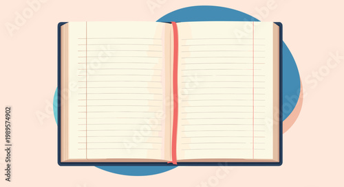 Open blank notebook with lined cream pages and a red bookmark ribbon placed on an abstract background of blue and peach organic shapes.