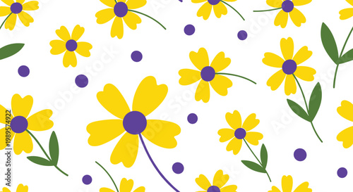 Seamless floral pattern with bright yellow flowers and purple centers scattered amongst small purple dots on a clean white background.