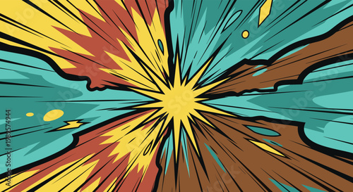 Dynamic comic book background with powerful rays of yellow, red, teal, and brown exploding outward from a bright central star point.
