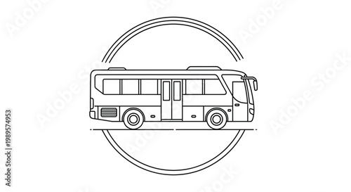 Simple black and white line art illustration of a bus inside a circle symbol representing public transportation and urban travel.