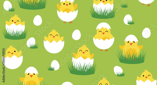 Seamless Easter pattern with cute yellow chicks hatching from white egg shells among patches of green grass on a bright background.