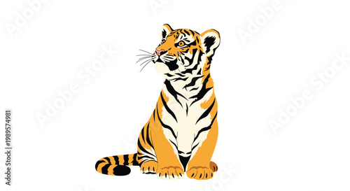 Beautiful illustration of a young tiger cub sitting and looking up with detailed black stripes on its orange fur over white background.