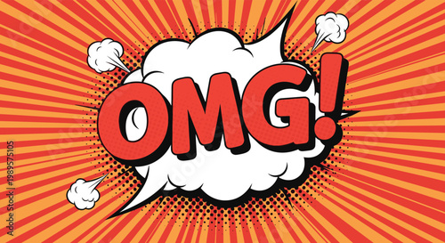 Vibrant comic book style speech bubble with the text OMG over a red and orange sunburst background with halftone dots.