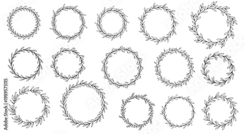 Set of delicate hand drawn botanical wreaths with various leaves and berries in black ink over a clean white background.