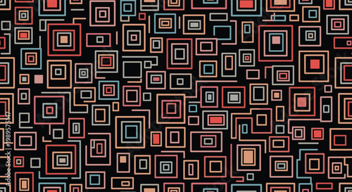 Modern abstract pattern with nested colorful squares in various sizes and line weights on a solid black background.