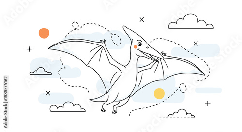 Whimsical line drawing of a smiling pterodactyl flying among soft clouds and orange suns in a clear sky.