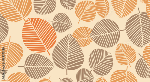 Warm autumn seamless pattern with various stylized leaves featuring internal line textures in brown, orange, and cream.