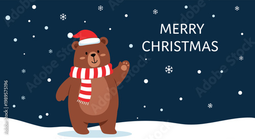 Adorable brown bear wearing a santa hat and striped scarf waving in a snowy christmas scene on a dark blue background.