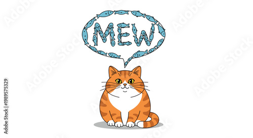 Cute orange tabby cat with a speech bubble filled with small fish forming the word mew for a fun, creative, and adorable illustration.