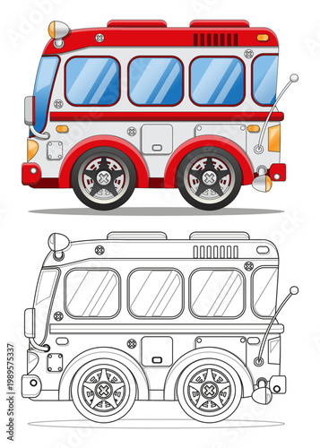 Funny bus. Side view. Coloring. Isolated on white background. Vector illustration. 