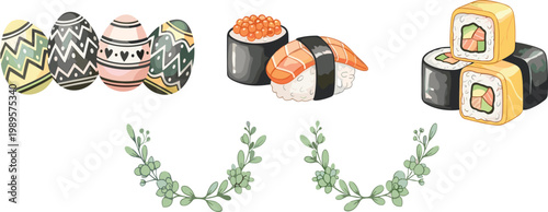 Decorative elements set with Easter eggs sushi rolls and floral wreaths hand drawn food and holiday illustration collection