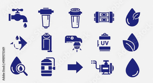 Water filtration system icons and symbols collection.