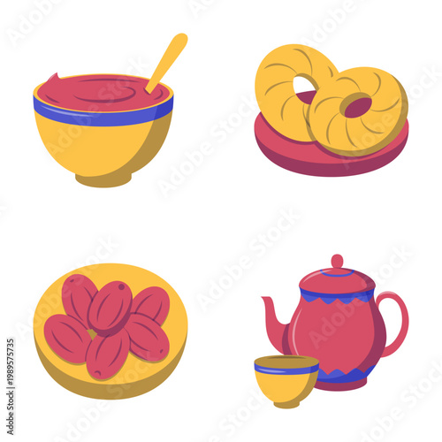 Nowruz traditional treats flat icon set