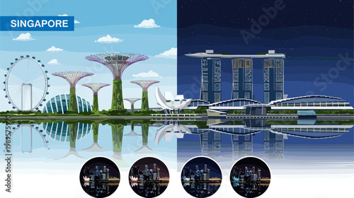 Singapore Skyline Vector Illustration with Marina Bay Sands, Supertree Grove, and City Landmarks in Day and Night Scenes for Travel and Tourism Design