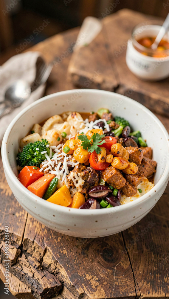 Fototapeta premium Hearty bowl filled with mixed vegetables and protein. Colorful carrots, broccoli, and chickpeas are visible. Brown meat pieces add texture to the dish. Fresh herbs garnish the top of the meal
