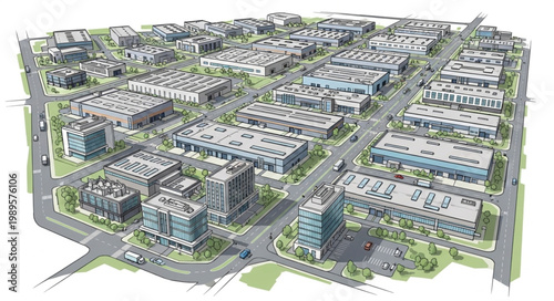 Aerial view of a dense urban neighborhood with many buildings and streets.
