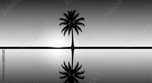 Silhouette of a single palm tree reflected in calm water at sunset.