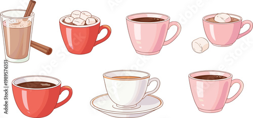 Hot drinks set with coffee cocoa marshmallow mugs and cinnamon beverage cups cozy cafe illustration collection
