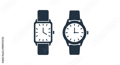Minimalist vector illustration featuring two distinct styles of analog wristwatches with leather straps for modern design