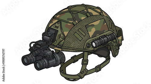 A military soldier wearing a tactical helmet with camouflage and night vision goggles.