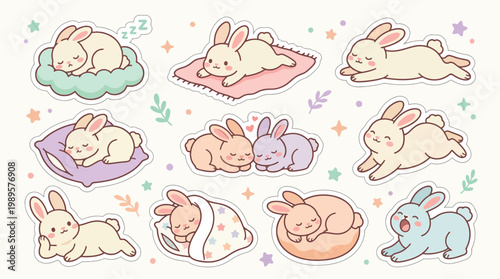 Adorable sleeping bunnies vector sticker pack of kawaii rabbits in relaxing poses. Pastel colored illustrations for children's designs and cute animal themes