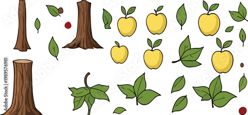 Set of hand drawn tree elements with trunks leaves and apples, cartoon vector collection for nature design, gardening, forest illustration and eco themed projects