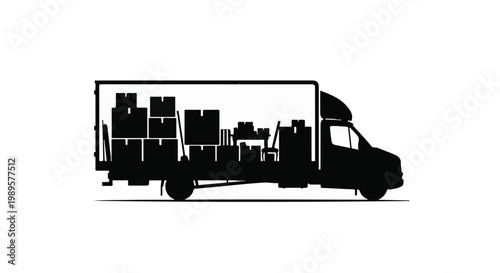 Black silhouette of delivery truck loaded with boxes on white background, side view, logistics and transportation concept