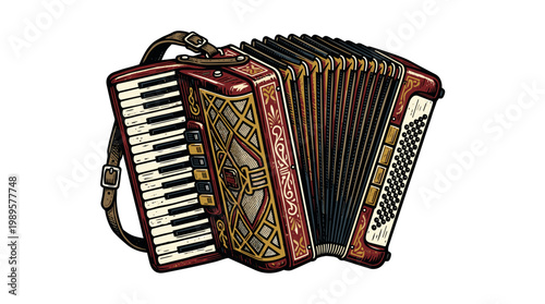 Vector Pinocut An ornate accordion with keys and bellows in a detailed illustration.