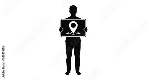Man Silhouette Holding Map Location Pin Sign for Immigration and Global Travel Navigation