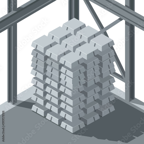 Isometric Stack of Silver Bars in a Vault.