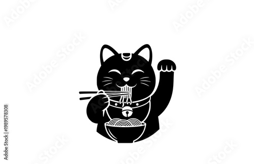 Maneki Cat Eating Noodles Logo Design Template. Black Vector Silhouette of Smiling Lucky Cat for Restaurant and Asian Food Branding.