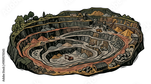 Vector Pinocut Illustration of an open-pit mine.