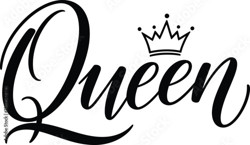 Elegant calligraphy 'queen' with crown illustration