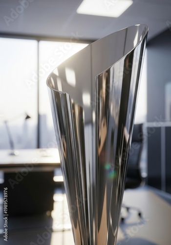 Silver Abstract Sculpture on Desk in Office with Sunlight