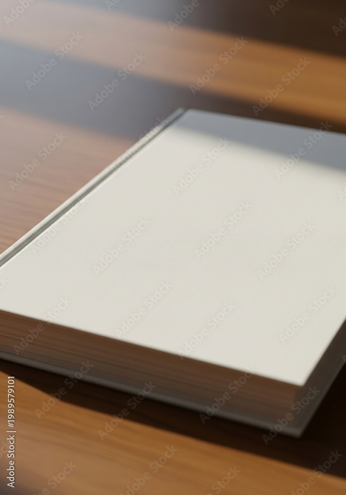 Fototapeta premium Closed White Book on Wooden Table with Warm Sunlight Shadow
