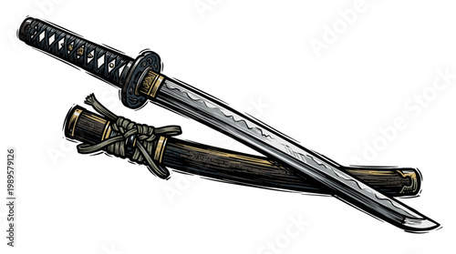 Vector Pinocut A detailed illustration of a Japanese katana, its blade gleaming, next to its scabbard.
