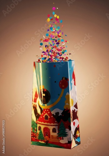 Pixelated Gift Bag with Colorful Confetti on Beige Background