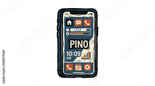Vector Pinocut Smartphone interface showing time and date, along with common application icons.