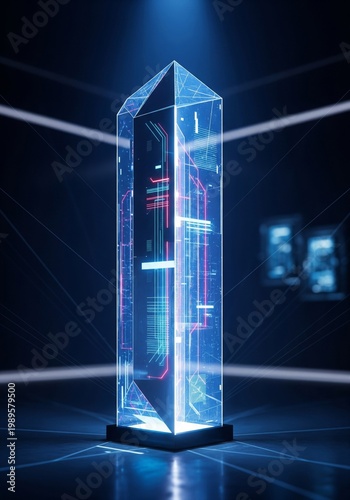 Abstract Glass Obelisk Displaying Electronic Circuitry with Geometric