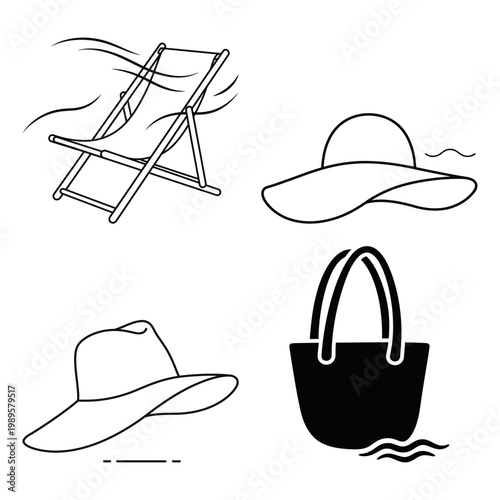 Summer beach hat bag and lounger vacation icon set