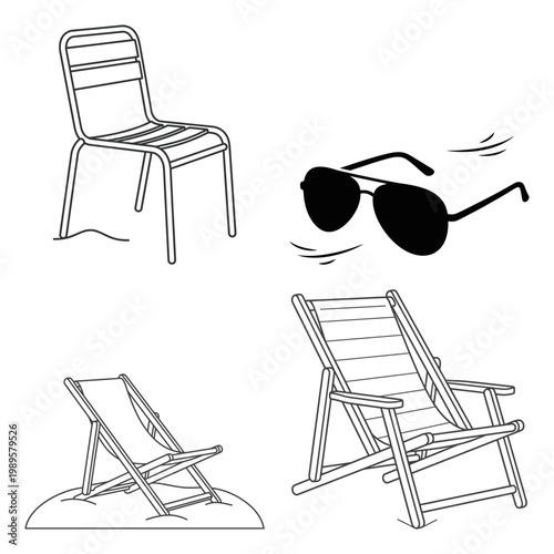 Beach chair and sunglasses summer lounger icon set