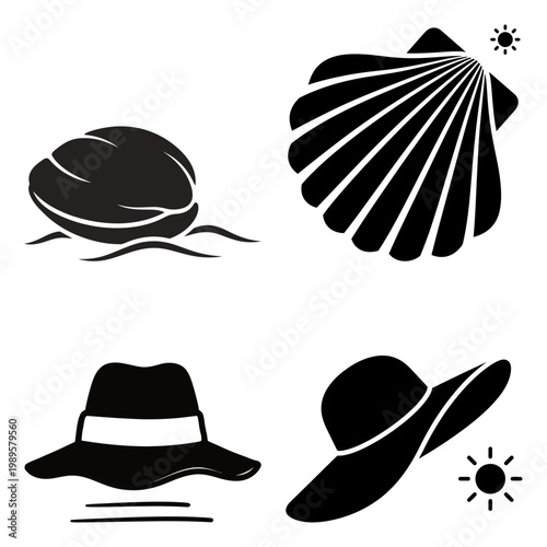 Seashell and sun hat beachwear summer icon set