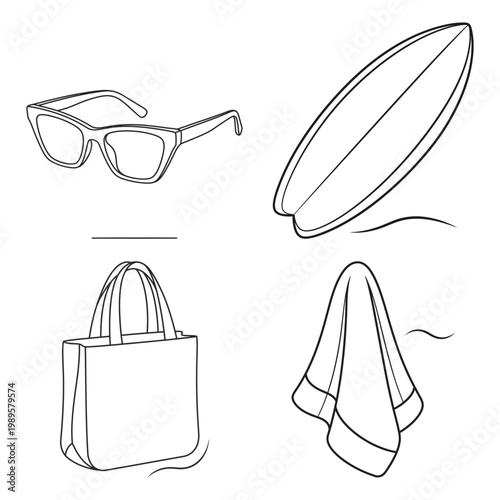 Sunglasses surfboard bag and towel beach icon set