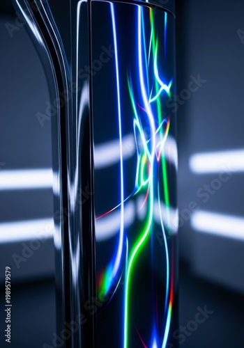 Abstract Chrome Pillar with Neon Light Streaks in Dark Room