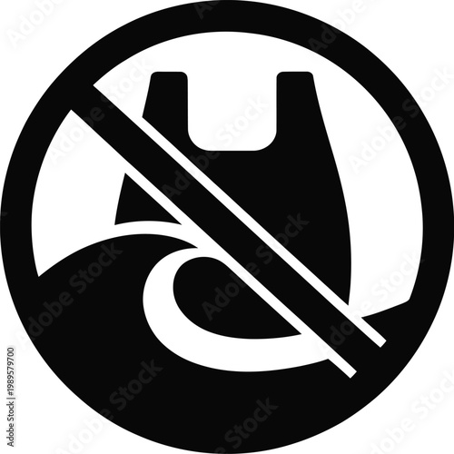 No plastic bag and ocean pollution prohibition icon in bold black silhouette representing environmental protection, anti plastic campaign, save ocean, sustainability, eco awareness, waste reduction, 